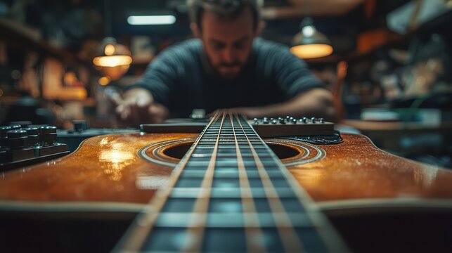 Guitar repairman meticulously works on acoustic guitar in workshop