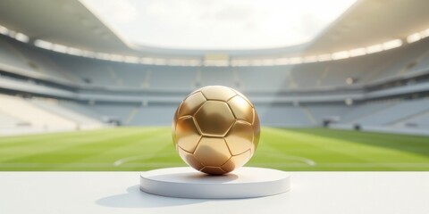 A golden soccer ball rests on a pedestal, a symbol of victory and achievement, in a modern stadium setting.