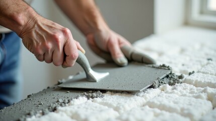 Close-up view of a craftsman meticulously applying mortar to a surface using a hand trowel during a home renovation project
