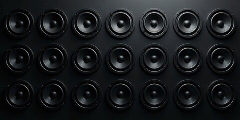 Array of dark speakers on a black background, a minimalist design concept for audiophiles.