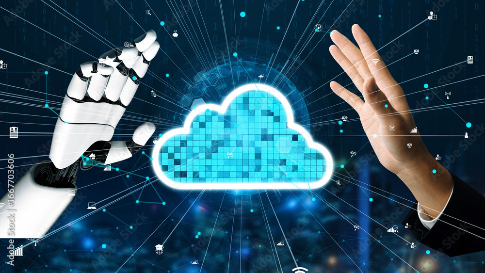 Poster a captivating image showcasing the interaction between a human hand and a robotic hand in a cloud co