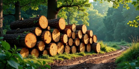 Serene forest path beside a stack of freshly cut logs bathed in morning sunlight