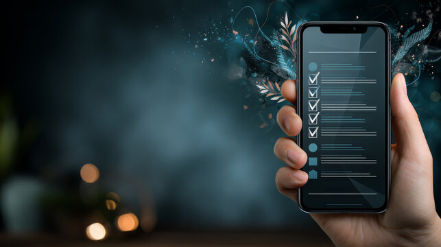 Online checklist banner concept. Mockup with cartoon hand, smartphon and checklist icons. Template of smart phone and cartoon hand. Vector illustration with mobile device concept.