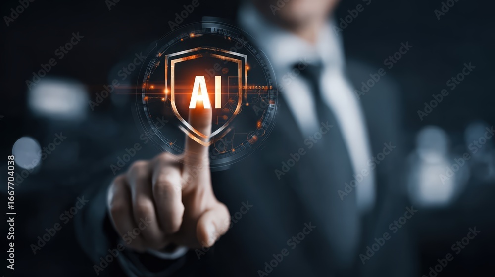 Poster digital artificial ligence concept with human hand touching ai button in modern tech environment