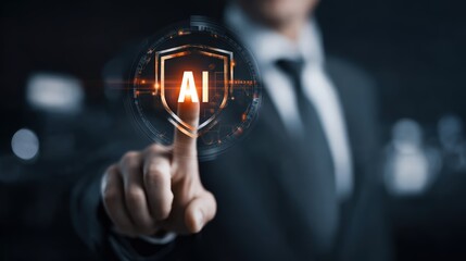 Digital Artificial ligence Concept with Human Hand Touching AI Button in Modern Tech Environment