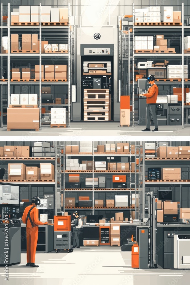 Poster modern warehouse with advanced pick-to-light management system in use