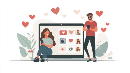 Romantic Digital Connection and Virtual Dating in a Modern Illustration