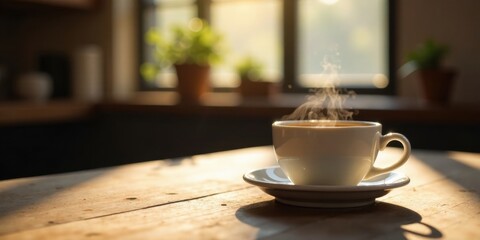 Warm morning beverage in a white cup on a rustic wooden table bathed in sunlight