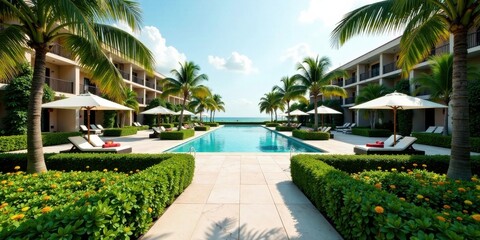 Fototapeta premium Serene Resort Poolside Paradise Lush Landscaping, Tranquil Waters, and Luxurious Loungers Await