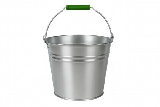 Classic empty metal bucket with a sturdy green handle, isolated on a transparent background, ready for various uses