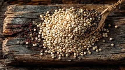 Top down view of raw quinoa seeds scattered on wooden surface showing organic texture and grain detail for healthy food ingredient visuals or culinary product styling