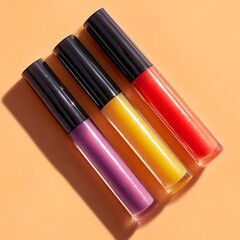 The bright and bold colors of the lip glosses against the warm backdrop create a lively and playful aesthetic
