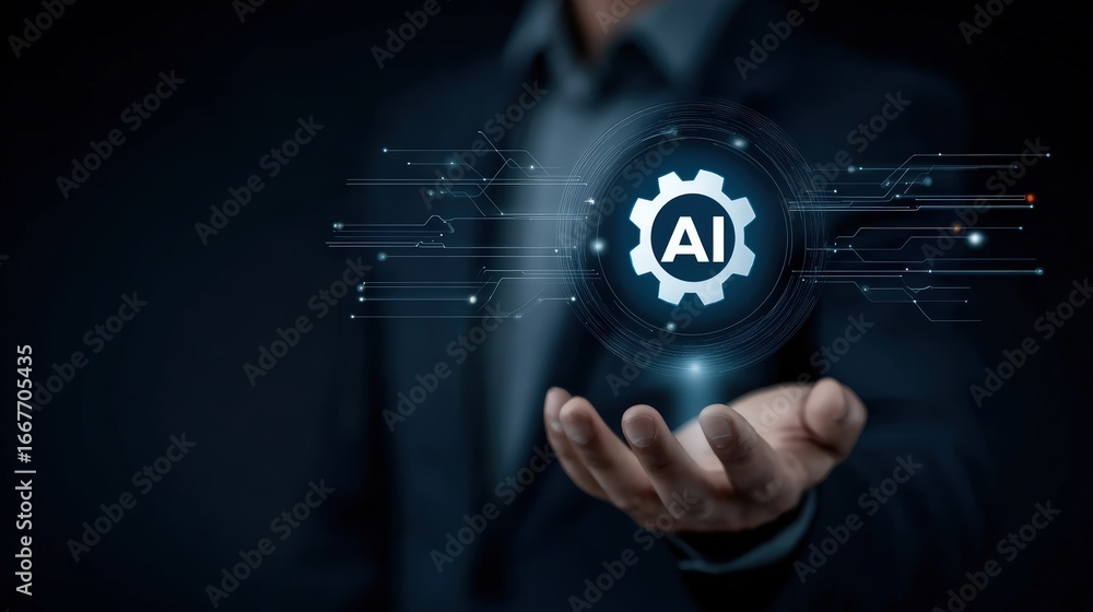 Poster advanced artificial ligence technology concept with gear icon and digital circuitry background