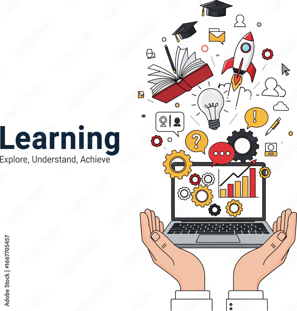 Poster hands holding a laptop with learning symbols exploding upwards