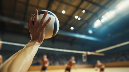 Volleyball player's hand about to serve the ball during a dynamic indoor game with teammates blurred in the background competitive sport action, Generative AI.