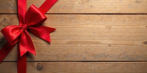 A vibrant red satin ribbon tied in a perfect bow, elegantly positioned on a rustic wooden surface, creating a charming and festive backdrop for various design projects