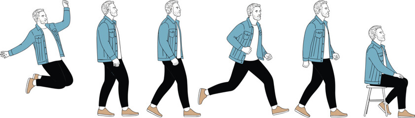 Young man walking running sitting jumping in casual outfit, male character activity poses illustration, lifestyle movement concept, modern flat vector design.