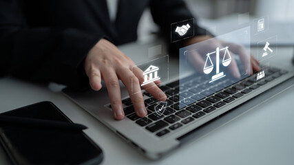 Legal compliance and governance concept showing justice scale, courthouse, contract, policy,...