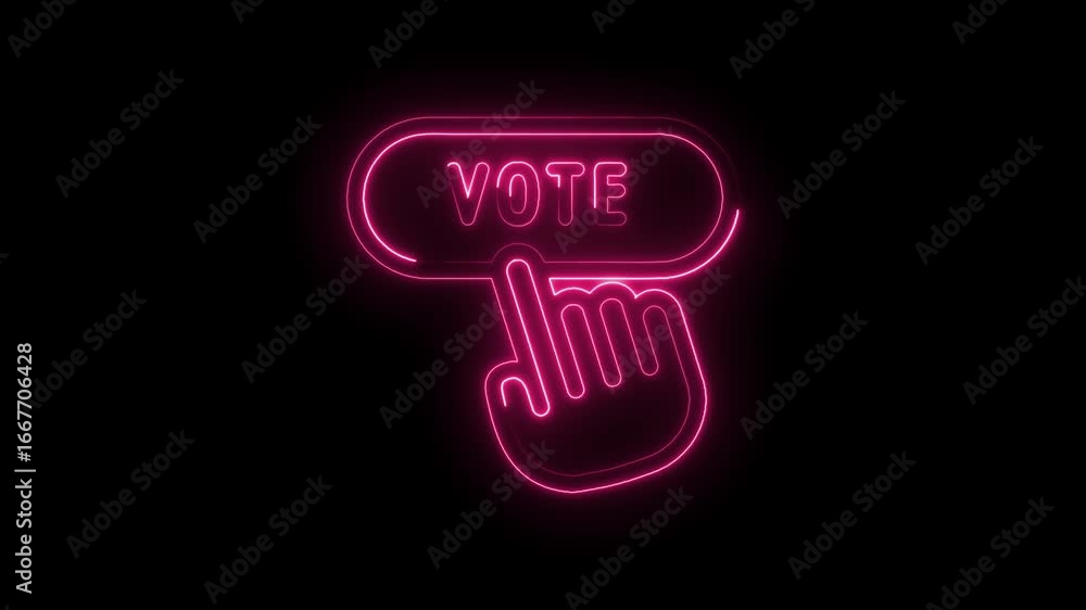 Poster pink neon hand cursor pressing vote button glowing animation digital interface concept for