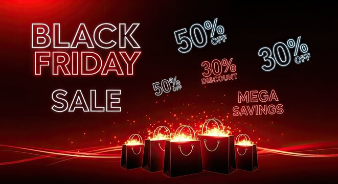 Black Friday sale neon sign with glowing shopping bags. Big discount advertisement for holiday season promotion. Festive shopping event concept.