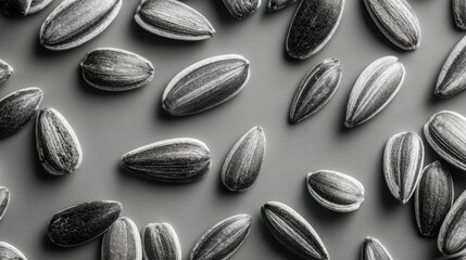Top down view of sunflower seed shells scattered on gray background forming monochrome natural pattern ideal for snack product background or minimalist ingredient flat lay