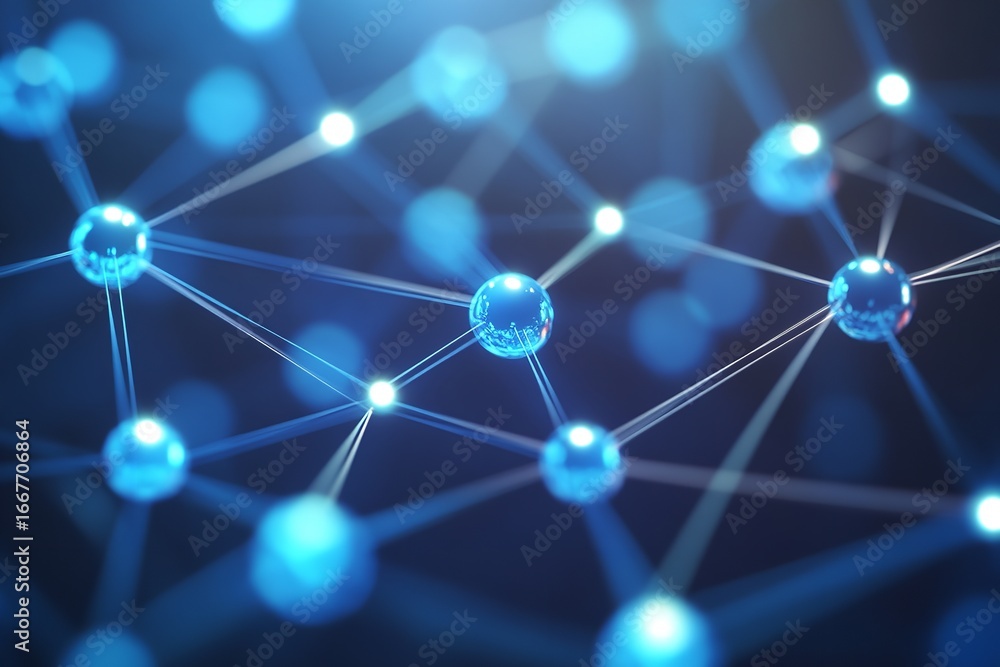 Fototapete dynamic glowing blue molecular network connecting abstract spheres representing data science and inn