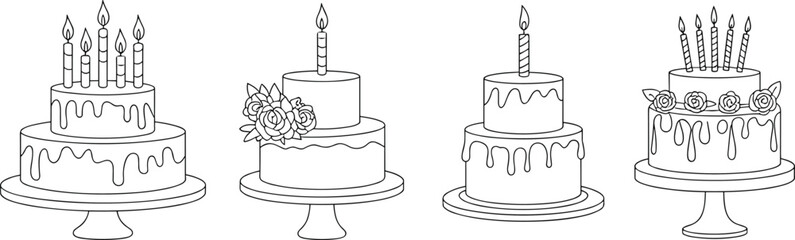 Birthday cakes with candles and floral decorations, celebration desserts on stands, sweet pastry illustration, festive bakery design, party cake vector.