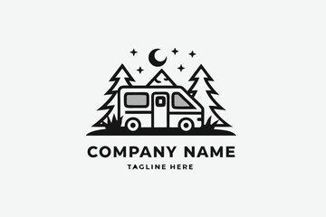 Black Retro Campervan with Pine Trees Stars and Moon on White Background