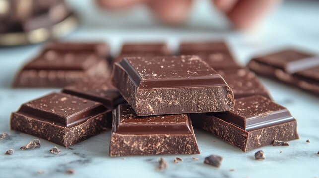 Dark chocolate squares are arranged on a marble surface, with a blurred figure reaching out to grab a piece. This delightful moment captures the joy of indulging in chocolate during a midday break.