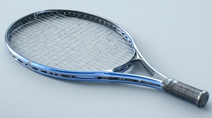 Tennis racket with blue frame and silver strings against a pale gray background