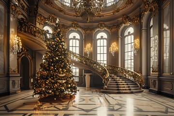 Elegant Christmas tree glows in opulent ballroom with grand staircase, creating luxurious holiday ambiance.