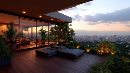 Obraz premium Modern luxury rooftop terrace with outdoor seating and panoramic city view du sunset daytime