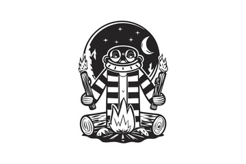 Cartoon Character in Striped Outfit with Torches, Campfire, Crescent Moon