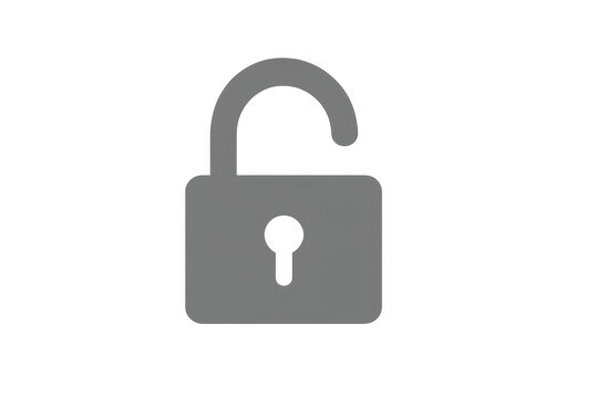 Grey open padlock icon on transparent background representing security and access