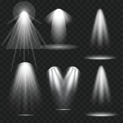 Realistic Spotlight Beam Set. Stage Lighting Effect. Transparent. Vector
