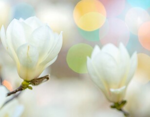Obraz premium Two magnolia blossoms in soft focus, vibrant bokeh background