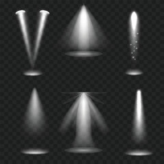Realistic Spotlight Beam Set. Stage Lighting Effect. Transparent. Vector