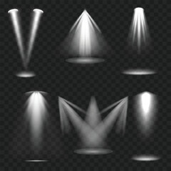 Realistic Spotlight Beam Set. Stage Lighting Effect. Transparent. Vector