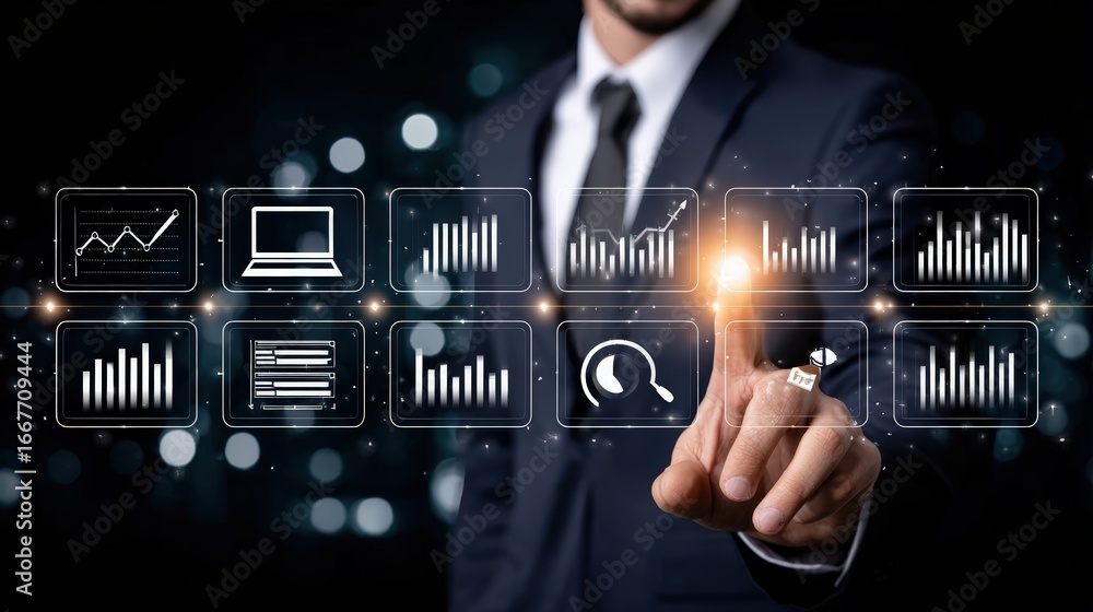 Poster businessman in formal suit interacting with futuristic digital interface displaying various financia