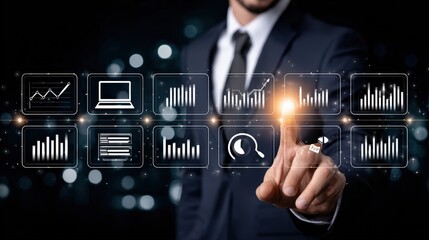 Businessman in formal suit interacting with futuristic digital interface displaying various financial and data graphs