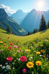 Sun-drenched Alpine meadow, wildflowers bloom , blue, tranquil, valley