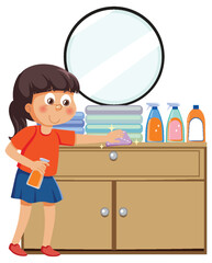 Girl Cleaning Dresser with Cleaning Supplies in Bedroom