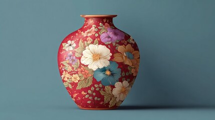 Floral vase with red base and painted blooms sits on a blue backdrop