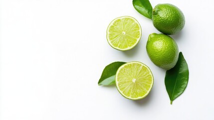 Fresh limes and lime slices arranged on a clean background