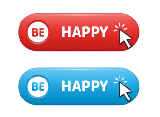 Two rounded buttons with be happy text and cursor isolated on transparent background