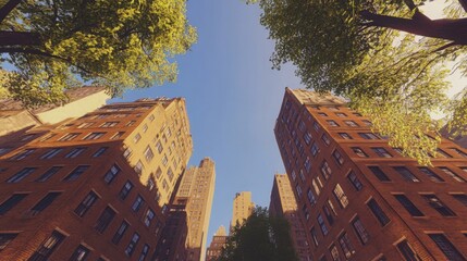 Staring upward from a lush green area, towering skyscrapers stretch toward the sky, encapsulated by vibrant foliage and bright sunlight, creating an immersive city experience filled with nature.