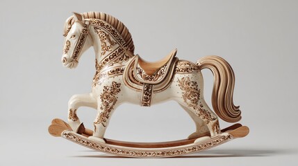 Cream & tan rocking horse figurine with ornate detailing, set against plain background