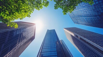 Staring upward from a lush green area, towering skyscrapers stretch toward the sky, encapsulated by vibrant foliage and bright sunlight, creating an immersive city experience filled with nature.