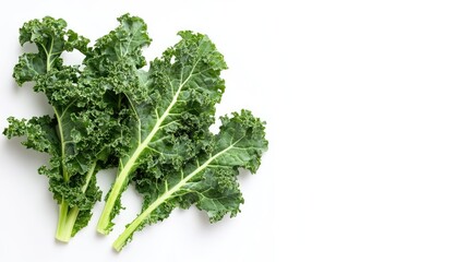 Fototapeta premium Fresh green kale leaves isolated on a white background. Kale is a nutrient-rich vegetable, popular in salads, smoothies, and health-conscious recipes. Perfect for food photography.