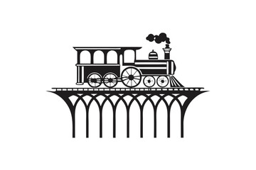 Black Train Silhouette on Bridge with Smoke White Background